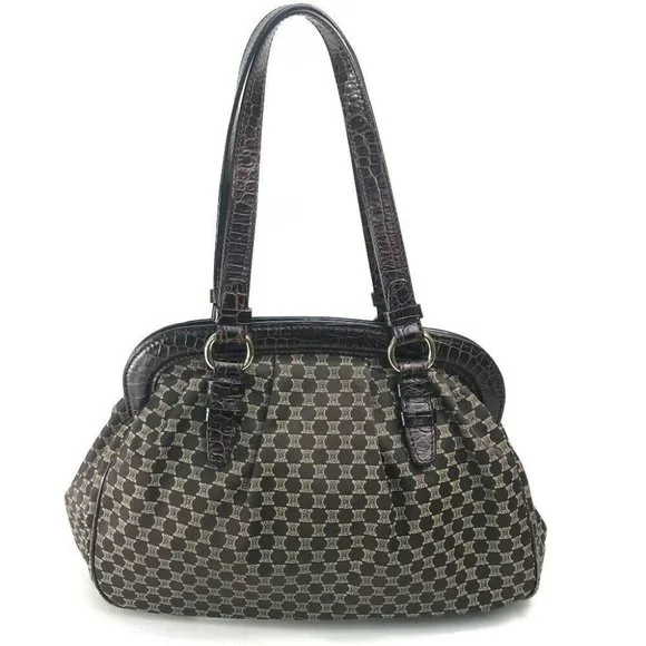 Authentic CELINE Logo Macadam Tote Bag tassel Shoulder Bag Leather/Canvas Brown